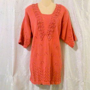 Vintage Bright Lights 1980's Dusty Rose Short Sleeve Lace Trimmed Sweater *